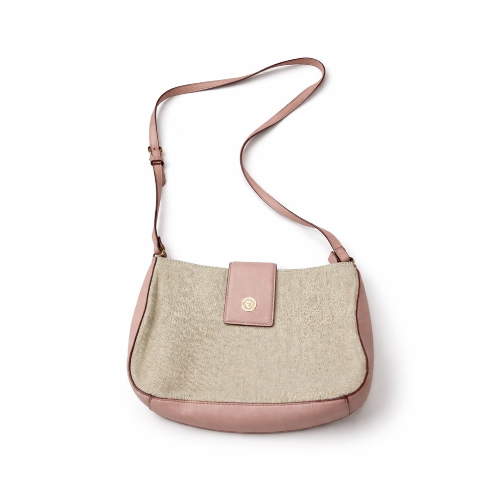 Anne Klein Crossbody‎ Bag Pink Beige Faux Leather Canvas Lion Logo Messenger B2